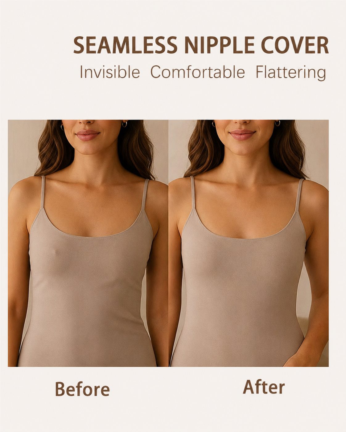 Smooth coverage demonstrated beneath a fitted white top