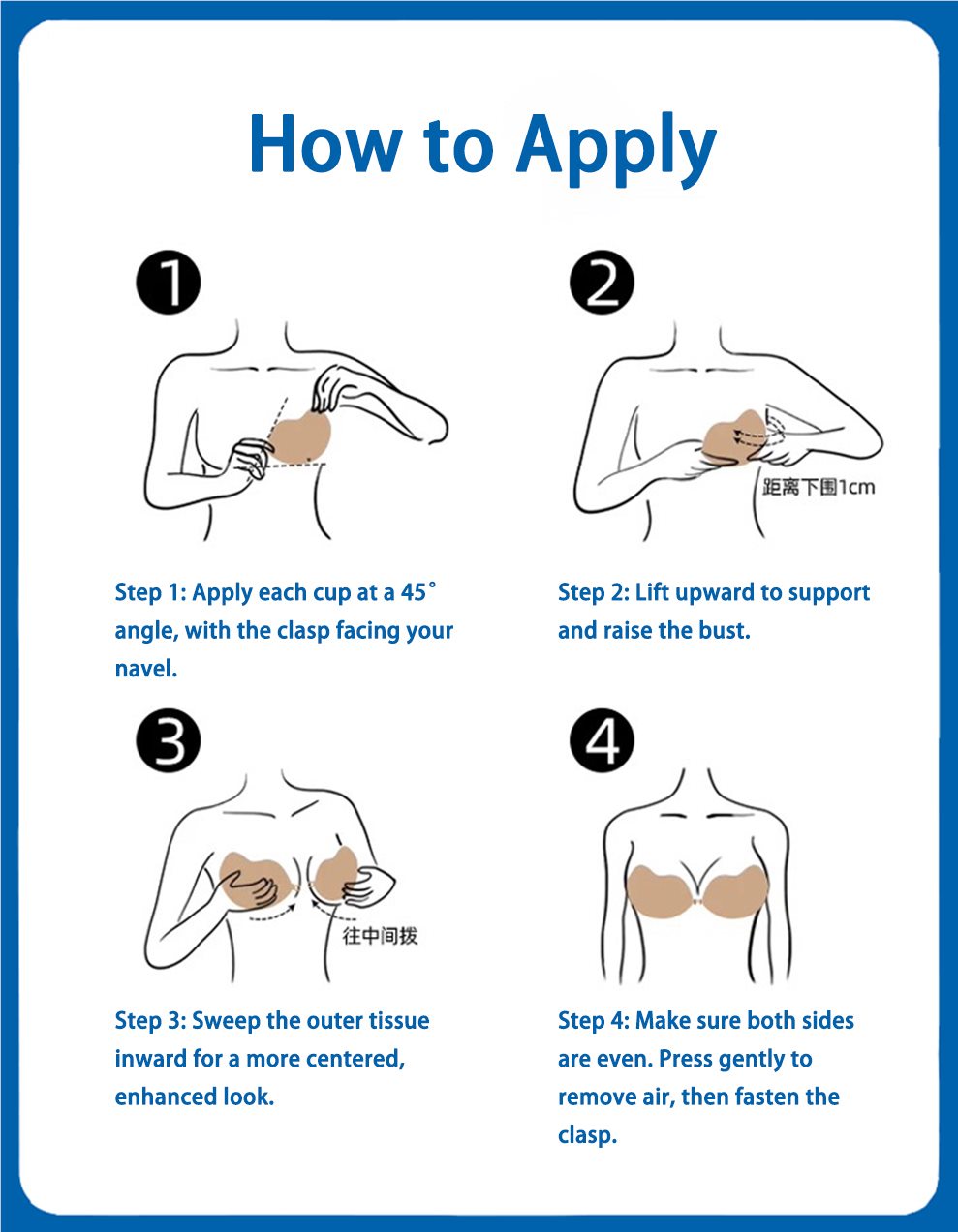 Step-by-step placement of the SecTender sticky bra for inward shaping